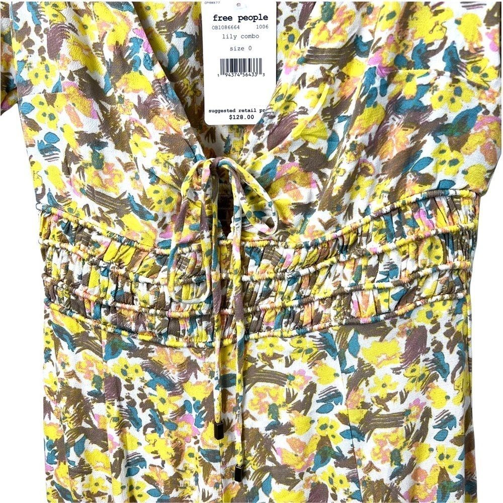 FREE PEOPLE NWT Forget Me Not V Neck Floral Lined Ruched Sleeve Mini Dress 0 - Picture 7 of 12
